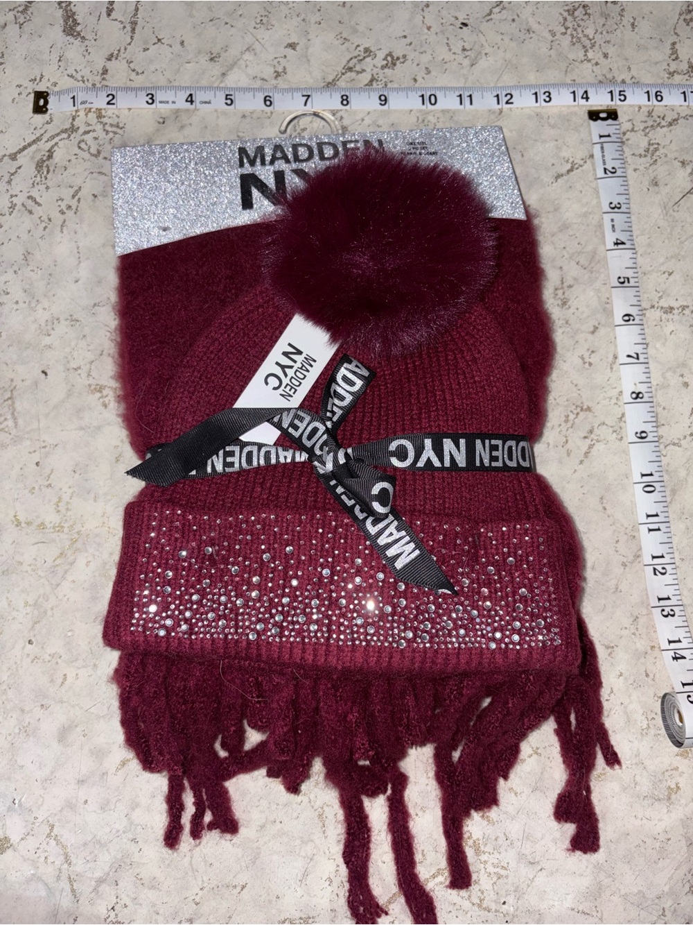 Madden NYC Women's Burgundy Rhinestone Pom Beanie & Scarf Set